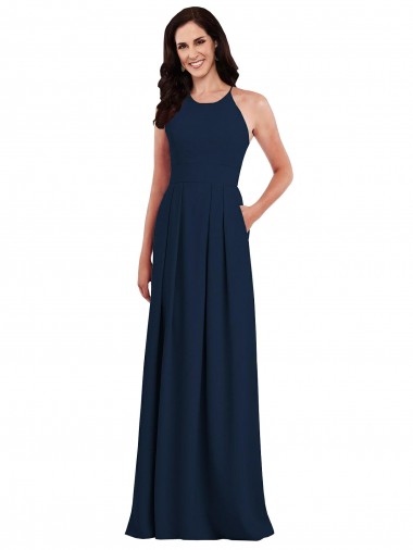 Sleeveless Halter Neck Stretch Crepe Dark Navy Long Semi Formal Evening Dress / Bridesmaid Dress Cardiff