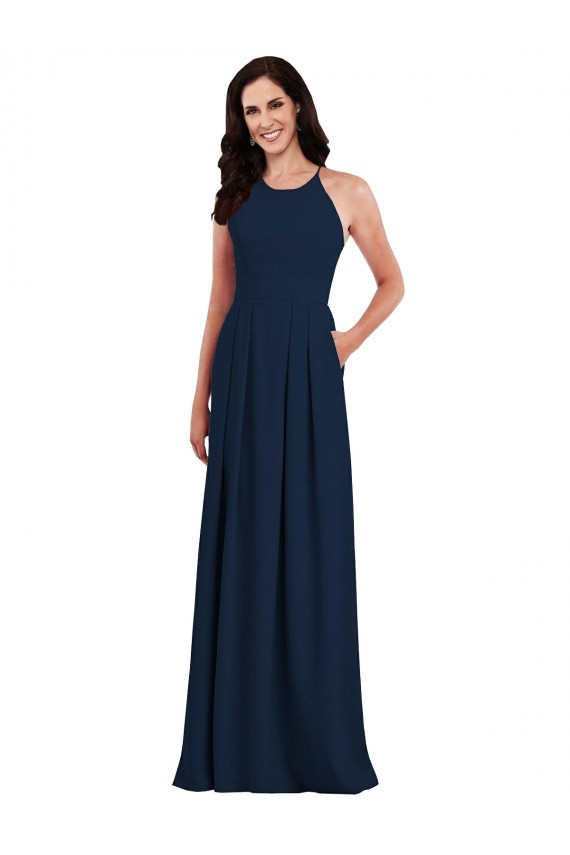 Sleeveless Halter Neck Stretch Crepe Dark Navy Long Semi Formal Evening Dress / Bridesmaid Dress Cardiff