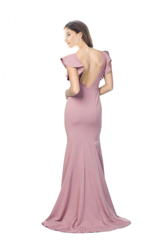 Flutter Sleeves Round Neck Stretch Crepe Dusty Pink Sweep Train Formal Evening Gown / Prom Dress / Bridesmaid Dress Cardiff