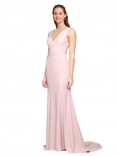 Sleeveless V-Neck Stretch Crepe Pink Sweep Train Black Tie Evening Dress / Prom Dress / Bridesmaid Dress Cardiff