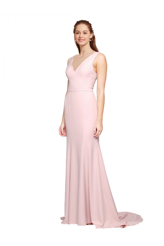 Sleeveless V-Neck Stretch Crepe Pink Sweep Train Black Tie Evening Dress / Prom Dress / Bridesmaid Dress Cardiff
