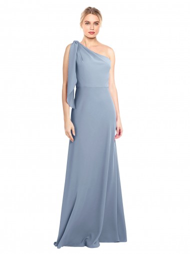 Flutter Sleeves One Shoulder Stretch Crepe Smoke Blue Long Formal Dress / Bridesmaid Dress Cardiff