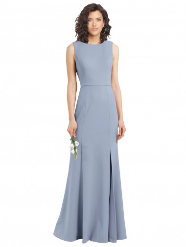 Sleeveless High Neck Stretch Crepe Smoke Blue Long Bridesmaid Dress Cardiff