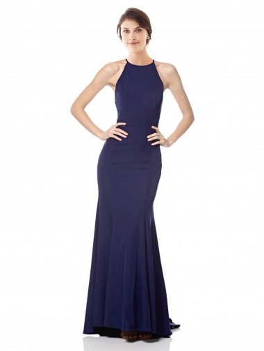Sleeveless High Neck Stretch Crepe Navy Blue Long Bridesmaid Dress / Formal Dress Cardiff
