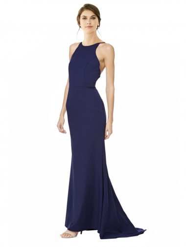 Sleeveless High Neck Stretch Crepe Navy Blue Long Formal Evening Gown / Prom Dress / Bridesmaid Dress Cardiff