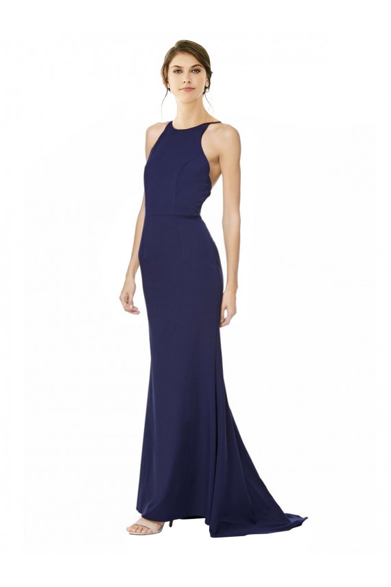 Sleeveless High Neck Stretch Crepe Navy Blue Long Formal Evening Gown / Prom Dress / Bridesmaid Dress Cardiff