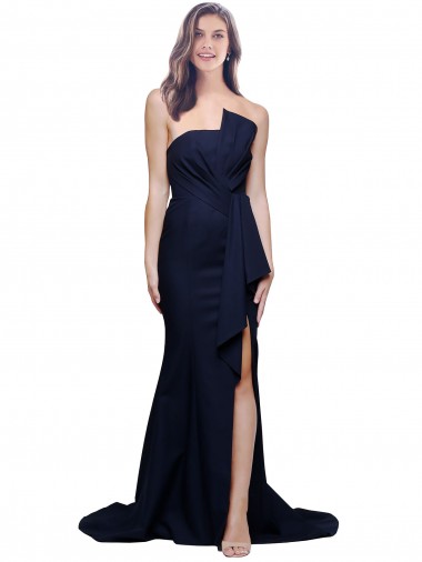 Sleeveless Strapless Stretch Crepe Dark Navy Sweep Train Semi Formal Evening Dress / Prom Dress / Bridesmaid Dress Cardiff