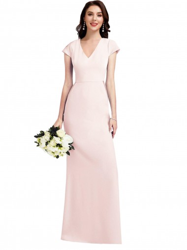 Cap Sleeves V-Neck Stretch Crepe Pink Long Formal Evening Gown / Prom Dress / Bridesmaid Dress Cardiff