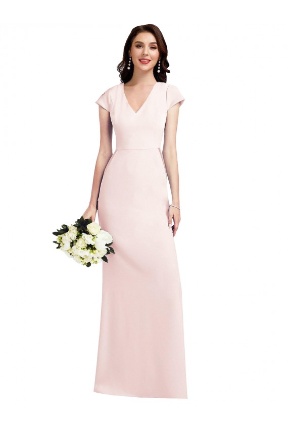 Cap Sleeves V-Neck Stretch Crepe Pink Long Formal Evening Gown / Prom Dress / Bridesmaid Dress Cardiff