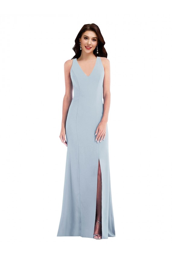 Sleeveless V-Neck Stretch Crepe Light Sky Blue Long Evening Dress / Bridesmaid Dress Cardiff
