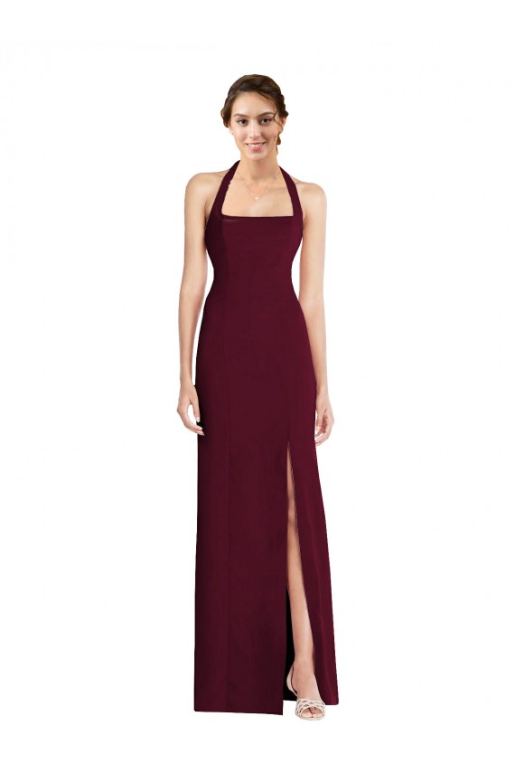 Sleeveless Halter Neck Stretch Crepe Burgundy Gold Long Semi Formal Evening Dress / Prom Dress / Bridesmaid Dress Cardiff