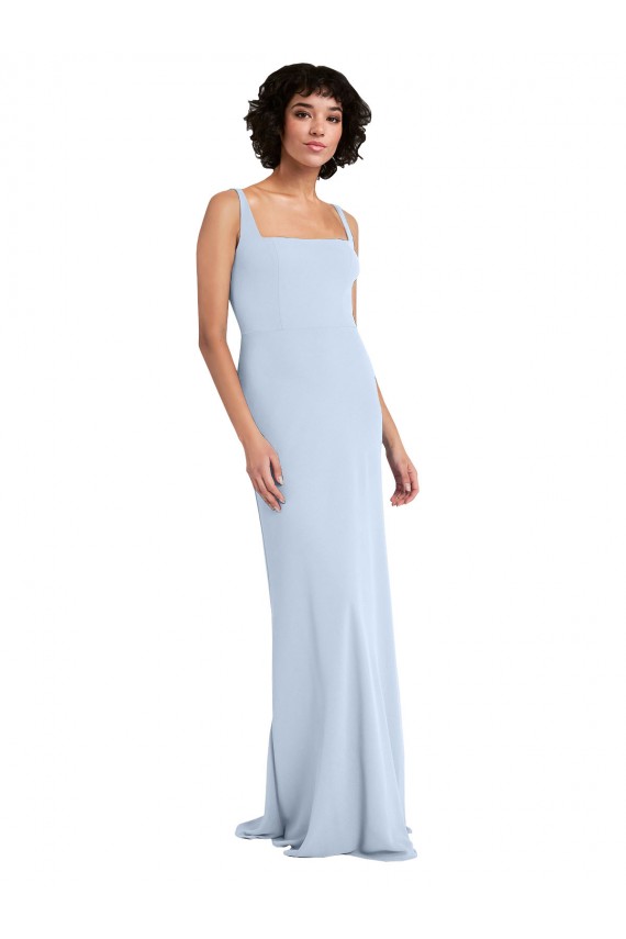 Sleeveless Square Neck Stretch Crepe Light Sky Blue Long Prom Dress / Bridesmaid Dress Cardiff
