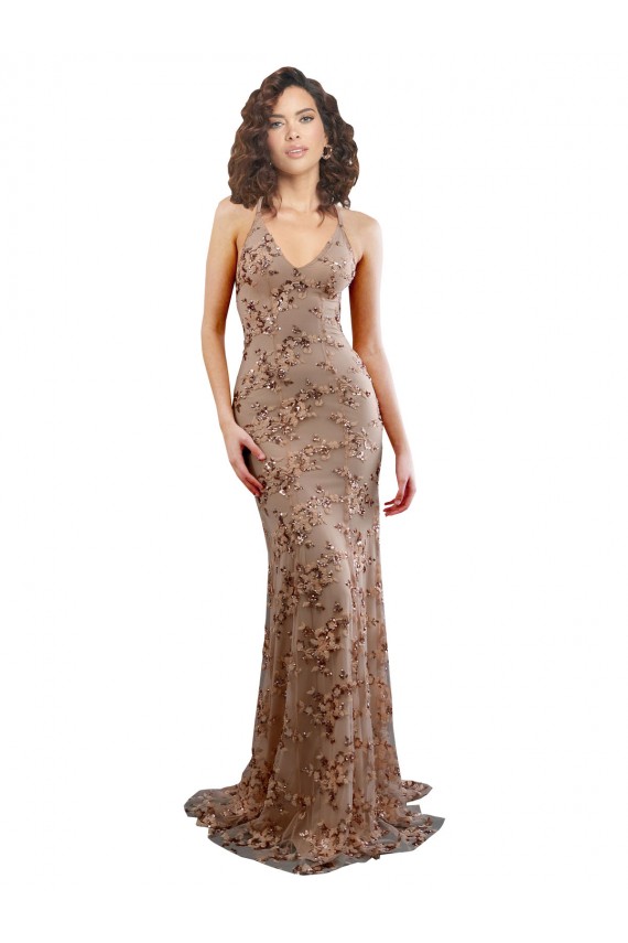 Sleeveless High Neck Stretch Crepe & Sequin Tulle Rose Gold Long Formal Evening Gown / Prom Dress / Bridesmaid Dress Cardiff
