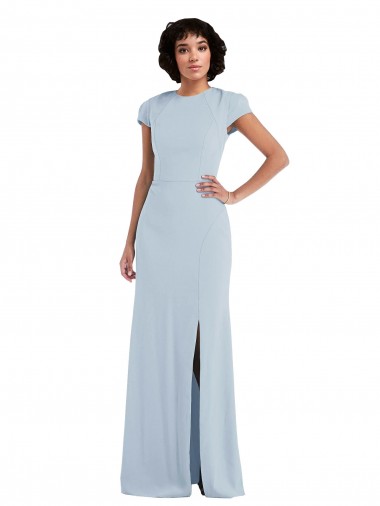 Cap Sleeves Jewel Neck Stretch Crepe Light Sky Blue Long Semi Formal Evening Dress / Bridesmaid Dress Cardiff