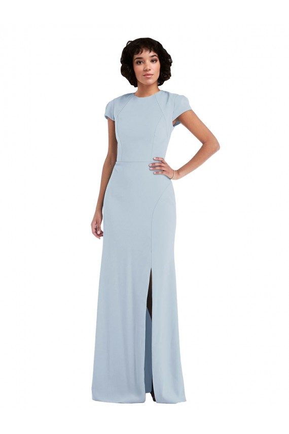 Cap Sleeves Jewel Neck Stretch Crepe Light Sky Blue Long Semi Formal Evening Dress / Bridesmaid Dress Cardiff