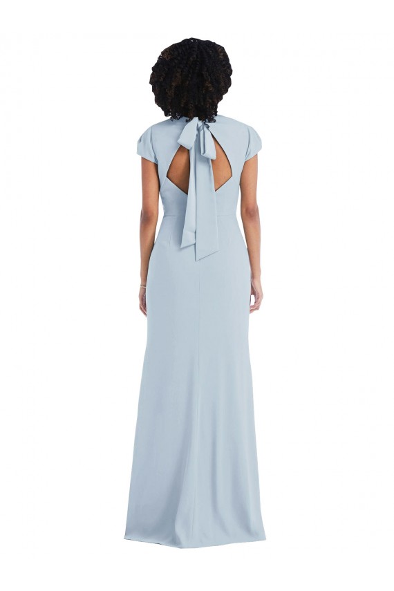 Cap Sleeves Jewel Neck Stretch Crepe Light Sky Blue Long Semi Formal Evening Dress / Bridesmaid Dress Cardiff
