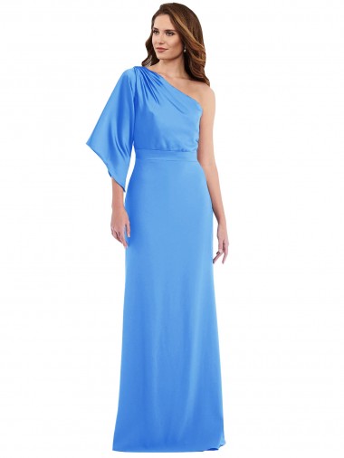 Bell Sleeves One Shoulder Stretch Crepe Peacock Blue Long Semi Formal Evening Dress / Prom Dress / Bridesmaid Dress Cardiff