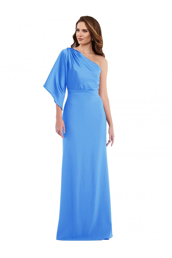 Bell Sleeves One Shoulder Stretch Crepe Peacock Blue Long Semi Formal Evening Dress / Prom Dress / Bridesmaid Dress Cardiff