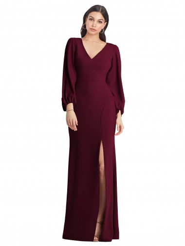 Puff Sleeves V-Neck Stretch Crepe Burgundy Gold Long Semi Formal Evening Dress / Prom Dress / Bridesmaid Dress Cardiff