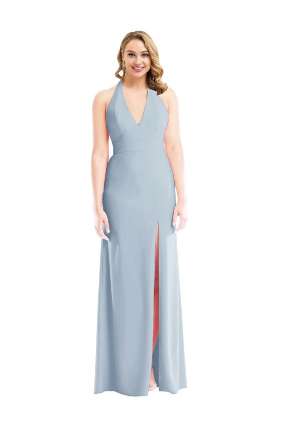 Sleeveless Halter Neck Stretch Crepe Light Sky Blue Long Bridesmaid Dress / Evening Dress Cardiff