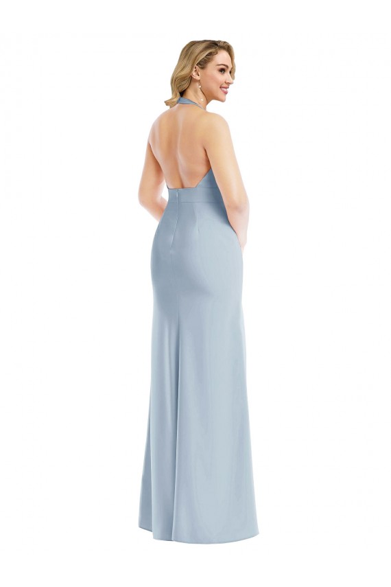 Sleeveless Halter Neck Stretch Crepe Light Sky Blue Long Bridesmaid Dress / Evening Dress Cardiff