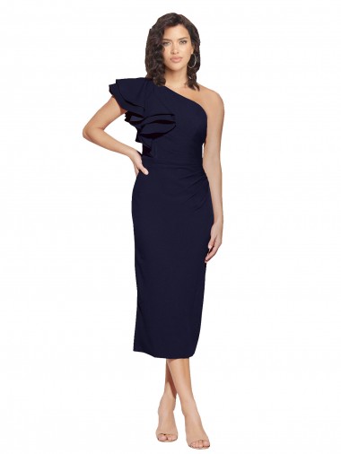 Sleeveless One Shoulder Stretch Crepe Dark Navy Midi Length Formal Evening Gown / Prom Dress / Bridesmaid Dress Cardiff