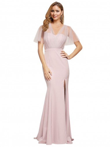 Short Sleeves Sweetheart Stretch Crepe & Tulle Mauve Long Formal Evening Gown / Prom Dress / Bridesmaid Dress Cardiff