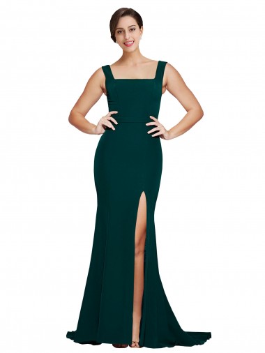 Sleeveless Square Neck Stretch Crepe Midnight Green Sweep Train Semi Formal Evening Dress / Prom Dress / Bridesmaid Dress Cardiff