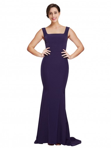 Sleeveless Square Neck Stretch Crepe Dark Navy Sweep Train Semi Formal Evening Dress / Prom Dress / Bridesmaid Dress Cardiff