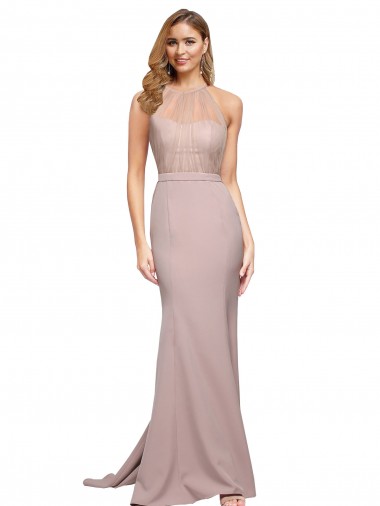 Sleeveless High Neck Stretch Crepe Dusty Pink Sweep Train Formal Evening Gown / Prom Dress / Bridesmaid Dress Cardiff