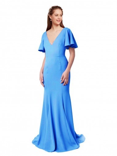 Short Sleeves V-Neck Stretch Crepe Peacock Blue Sweep Train Prom Dress / Bridesmaid Dress Cardiff