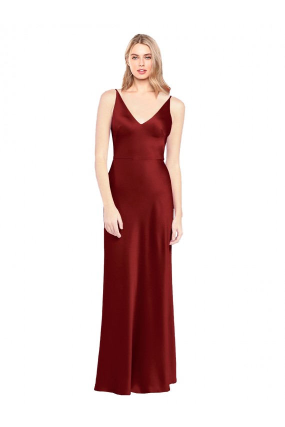 Sleeveless V-Neck Stretch Satin Burgundy Long Formal Evening Gown / Prom Dress / Bridesmaid Dress Cardiff