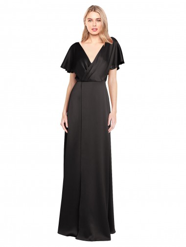 Cap Sleeves V-Neck Stretch Satin Black Long Bridesmaid Dress / Evening Dress Cardiff