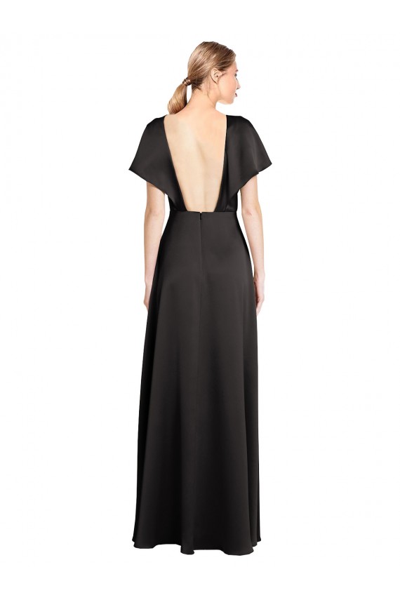 Cap Sleeves V-Neck Stretch Satin Black Long Bridesmaid Dress / Evening Dress Cardiff