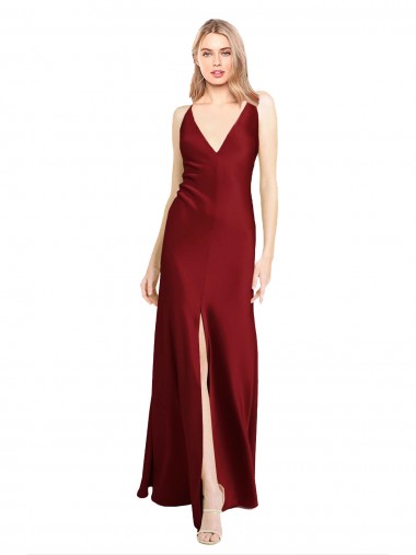 Sleeveless V-Neck Stretch Satin Burgundy Long Black Tie Evening Gown / Prom Dress / Bridesmaid Dress Cardiff