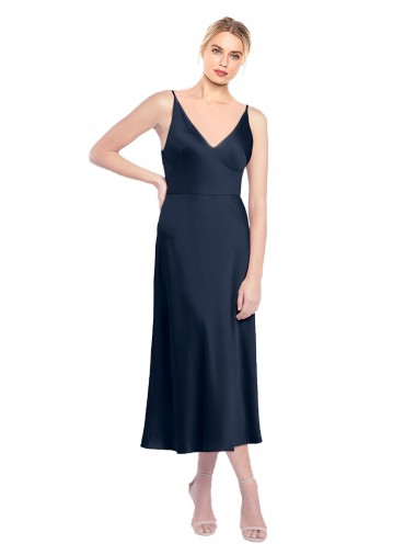 Sleeveless V-Neck Stretch Satin Dark Navy Midi Length Formal Evening Gown / Prom Dress / Bridesmaid Dress Cardiff