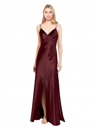 Sleeveless V-Neck Stretch Satin Burgundy Gold Long Bridesmaid Dress / Evening Dress Cardiff