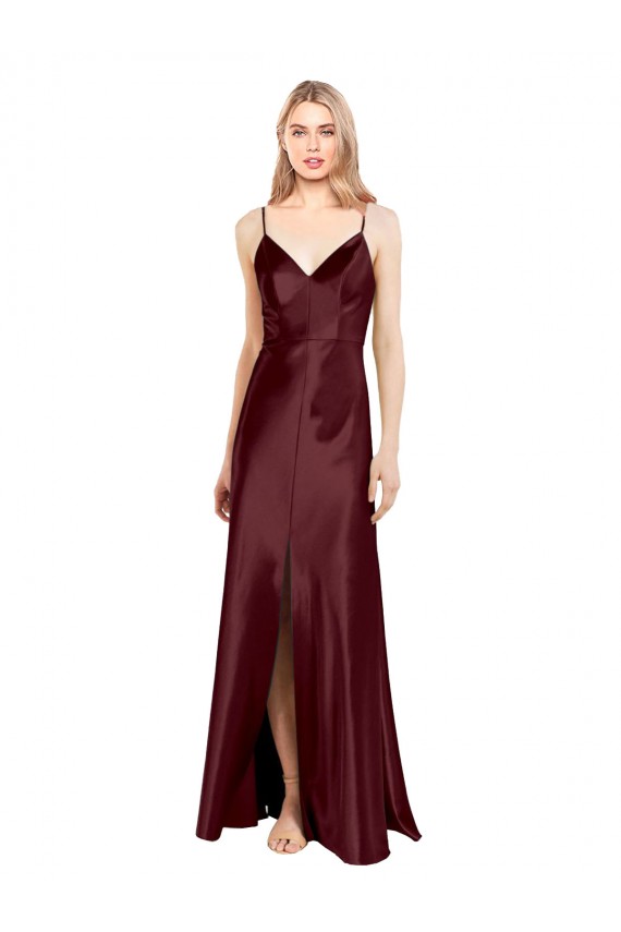 Sleeveless V-Neck Stretch Satin Burgundy Gold Long Bridesmaid Dress / Evening Dress Cardiff
