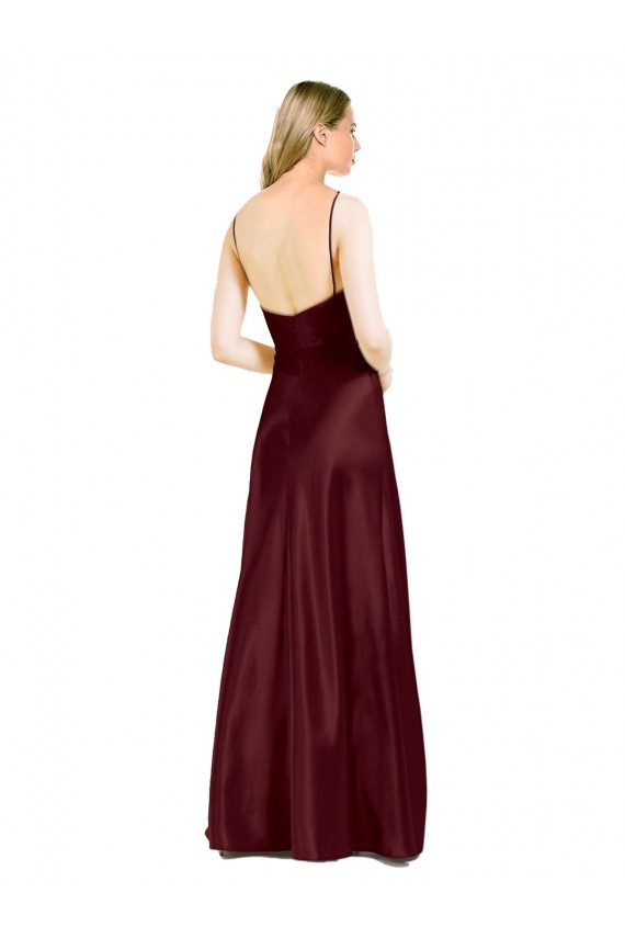 Sleeveless V-Neck Stretch Satin Burgundy Gold Long Bridesmaid Dress / Evening Dress Cardiff