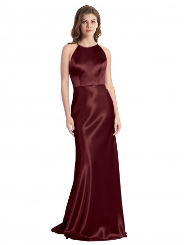 Sleeveless V-Neck Stretch Satin Burgundy Gold Long Formal Evening Gown / Prom Dress / Bridesmaid Dress Cardiff