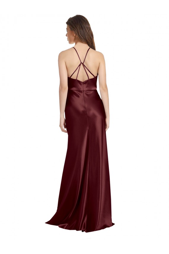 Sleeveless V-Neck Stretch Satin Burgundy Gold Long Formal Evening Gown / Prom Dress / Bridesmaid Dress Cardiff