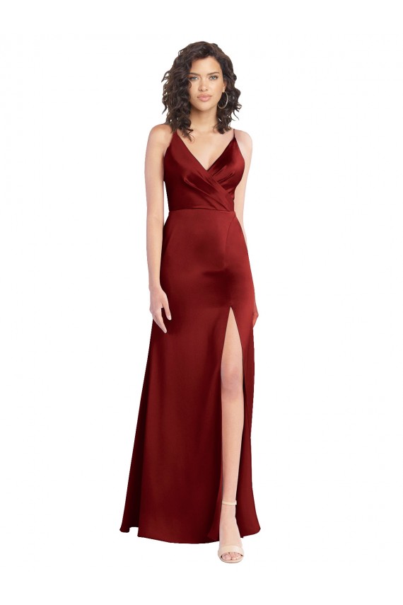 Sleeveless V-Neck Stretch Satin Burgundy Long Formal Dress / Bridesmaid Dress Cardiff