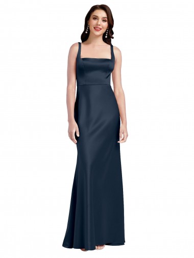 Sleeveless Square Neck Stretch Satin Dark Navy Long Formal Evening Gown / Prom Dress / Bridesmaid Dress Cardiff