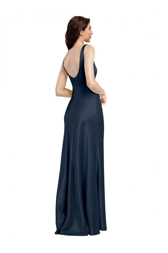 Sleeveless Square Neck Stretch Satin Dark Navy Long Formal Evening Gown / Prom Dress / Bridesmaid Dress Cardiff
