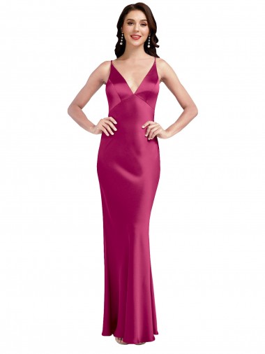 Sleeveless V-Neck Stretch Satin Fuchsia Long Formal Evening Gown / Prom Dress / Bridesmaid Dress Cardiff