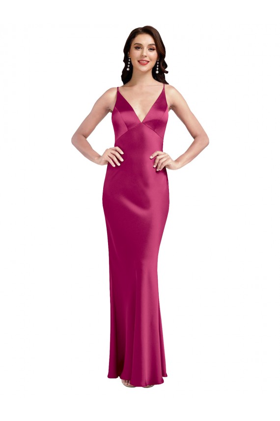 Sleeveless V-Neck Stretch Satin Fuchsia Long Formal Evening Gown / Prom Dress / Bridesmaid Dress Cardiff