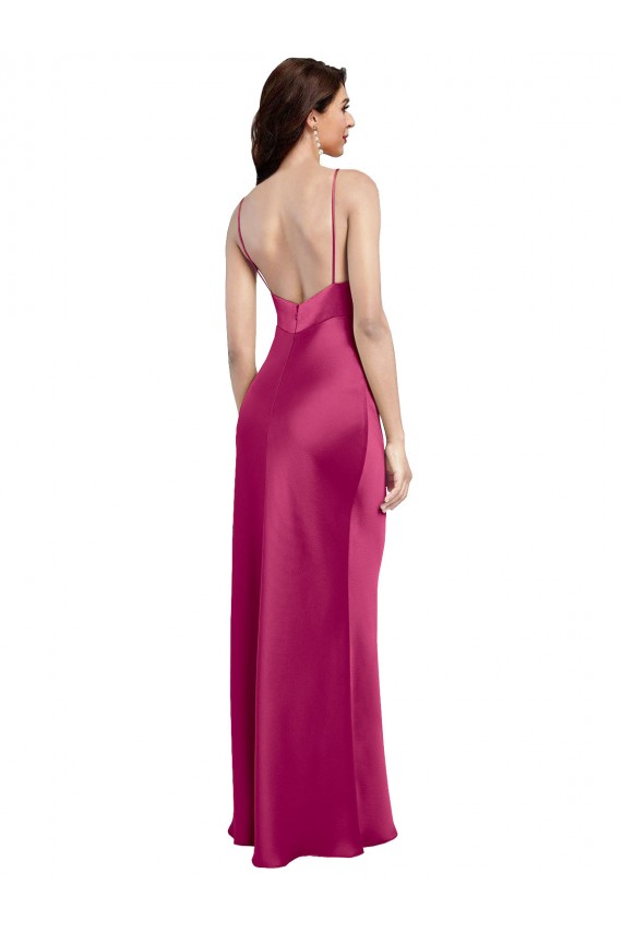 Sleeveless V-Neck Stretch Satin Fuchsia Long Formal Evening Gown / Prom Dress / Bridesmaid Dress Cardiff