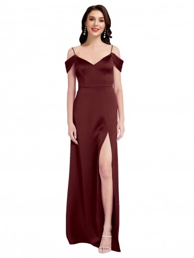 Sleeveless V-Neck Stretch Satin Burgundy Gold Long Formal Dress / Bridesmaid Dress Cardiff