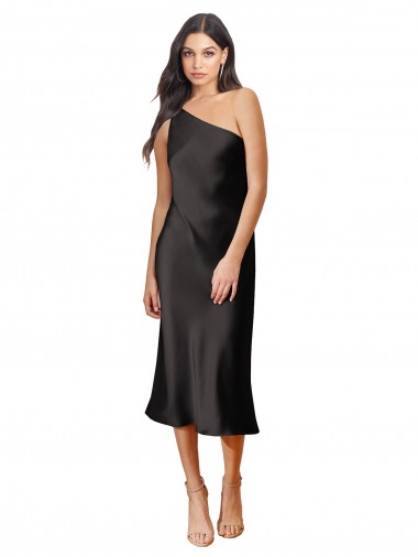 Sleeveless One Shoulder Stretch Satin Black Midi Length Black Tie Evening Dress / Prom Dress / Bridesmaid Dress Cardiff