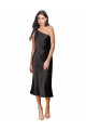 Sleeveless One Shoulder Stretch Satin Black Midi Length Black Tie Evening Dress / Prom Dress / Bridesmaid Dress Cardiff